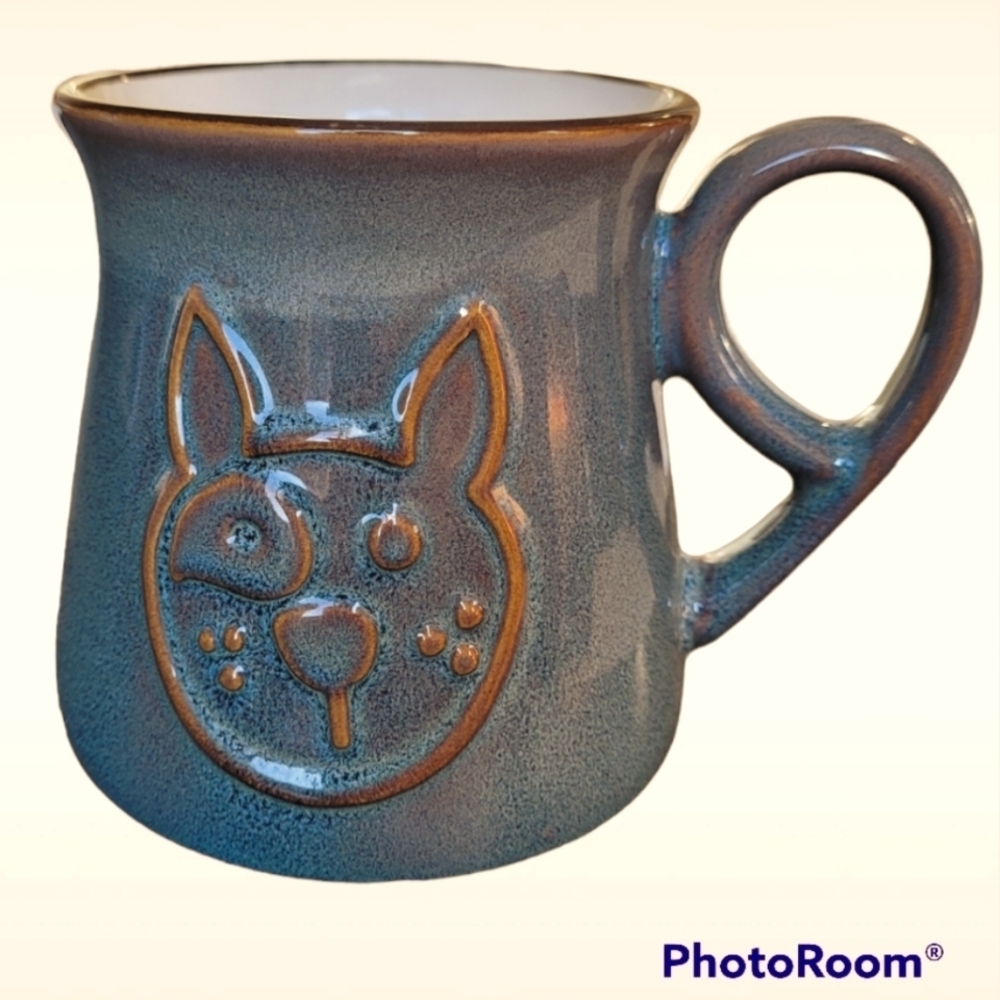 La Rochelle Hipster cat dog glazed pottery mug, blue grey color, 16oz